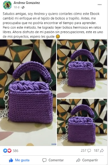 Publicación de una compradora de la guía mostrando su bolso tejido