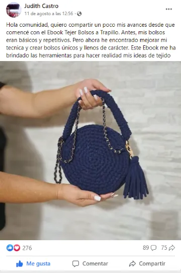 Publicación de una compradora de la guía mostrando su bolso tejido